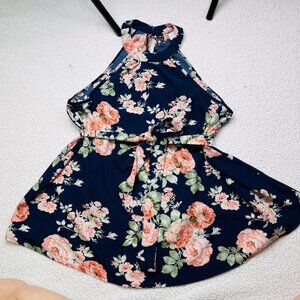 Floral Halter Dress With Belt Navy & Pink Shein Size XL